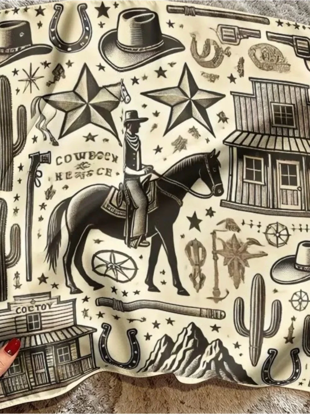 Cowboy Print Western Scarf - Cream & Black